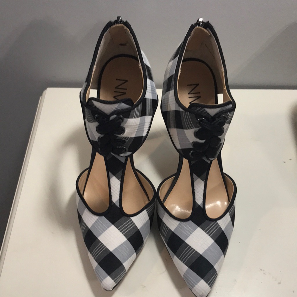 Neiman Marcus Grenadian-Nm Black & White Gingam 4” Heels With Back Zipper.Size6